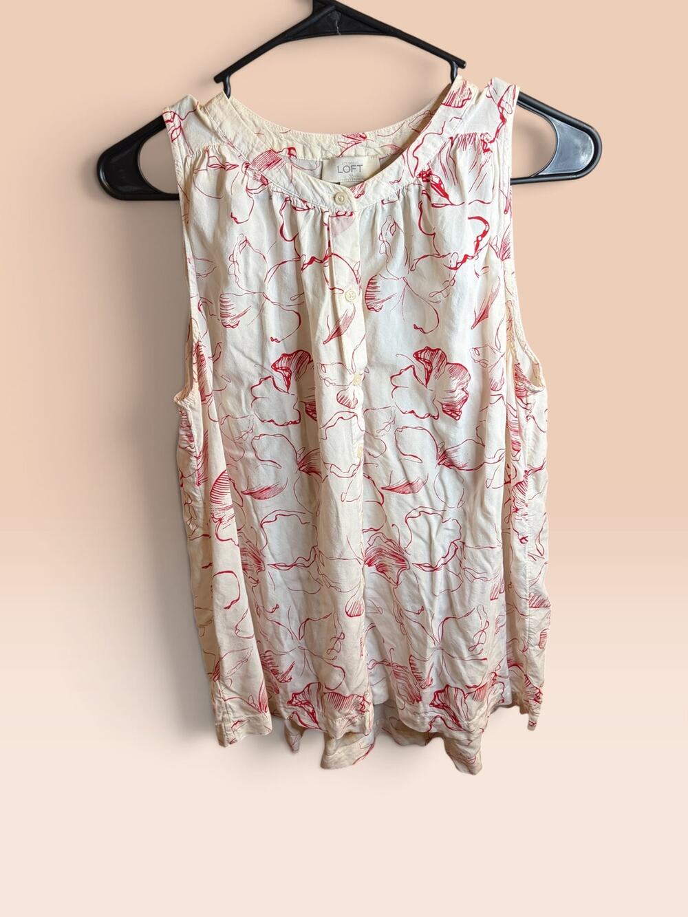 LOFT Womens Medium Sleeveless V-Neck Tank Top Cream with Red Floral Print